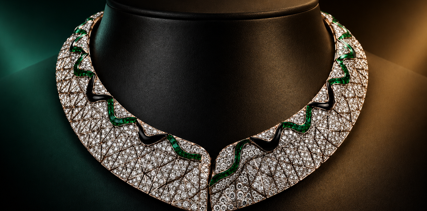 Sculpture — diamond and emerald collar